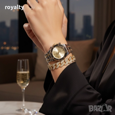 Модерен унисекс часовник със златист циферблат и блестяща гривна, снимка 6 - Бижутерийни комплекти - 52122391