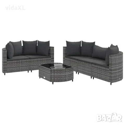 vidaXL Градински диван с възглавници, 6 части, полиратан, сив(SKU: 3308418)