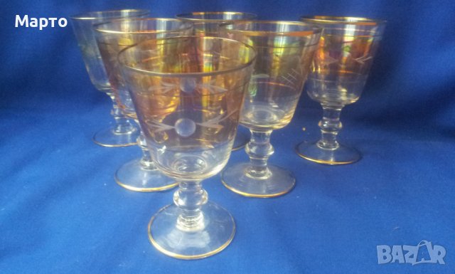 Комплект 6 чаши, калиево стъкло, златни кантове, ръчна гравюра, снимка 1