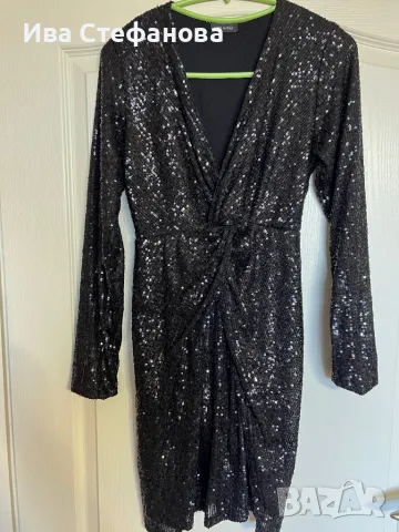  Italy блестяща къса V образно деколте парти коктейлна официална черна еластична  рокля пайети, снимка 3 - Рокли - 47645537