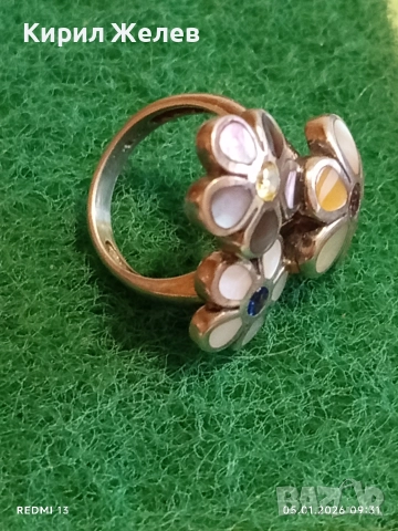 Артистичен сребърен пръстен венчелистчета с Кралски Седеф и кристали Арт бижу 19962, снимка 4 - Пръстени - 52982502