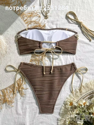 Нов кафяв бански от две части с декоративни мидички и връзки., снимка 2 - Бански костюми - 54050871