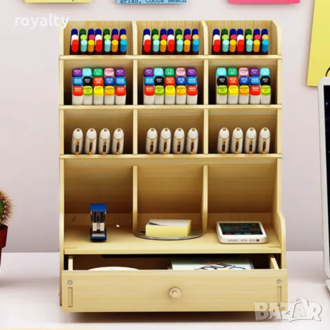 Дървен органайзер за бюро с чекмедже и многосекционно съхранение, снимка 5 - Декорация за дома - 49002543