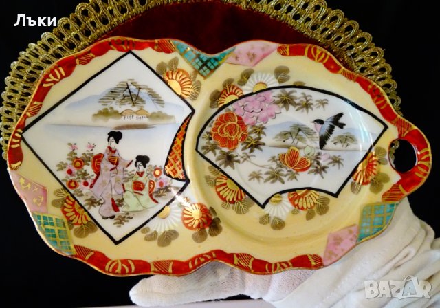 Плато японски порцелан,злато,синигер,гейши. , снимка 2 - Антикварни и старинни предмети - 37925439