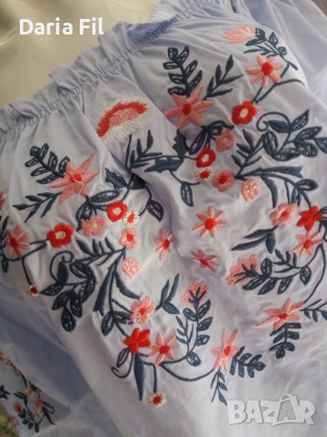 Светлосиня памучна рокля тип риза с бродерия и ластик около деколтето, снимка 4 - Рокли - 36625322