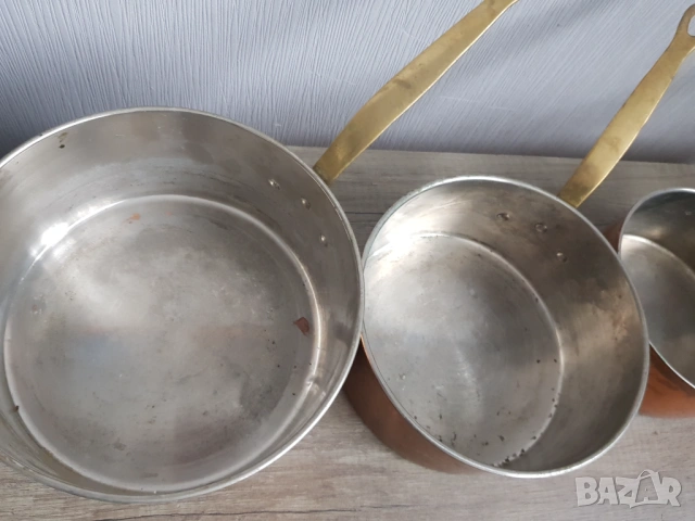 Комплект медни тигани с бронзови дръжки, снимка 5 - Антикварни и старинни предмети - 49329585