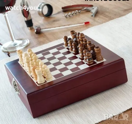 НОВ КОМПЛЕКТ АКСЕСОАРИ ЗА ВИНО В ЛУКСОЗНА ДЪРВЕНА КУТИЯ. СЕТ ЗА ВИНО ШАХ. ШАХМАТНА ДЪСКА 2V1, снимка 12 - Други - 36416097
