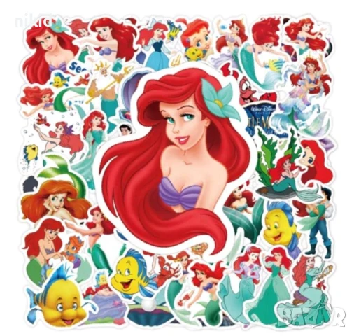 50 бр Малката Русалка Ариел самозалепващи лепенки стикери за украса картонена торта, снимка 8 - Други - 45778692