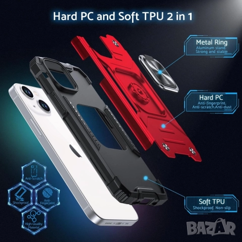 Промо! Удароустойчив кейс за iPhone 15, 14, 13 – Червен, DASFOND Armor, снимка 5 - Калъфи, кейсове - 52541774
