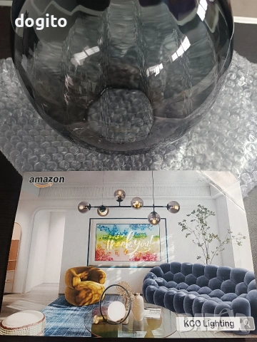 Полилей опушено стъкло и злато/месинг, снимка 7 - Полилеи - 54065748