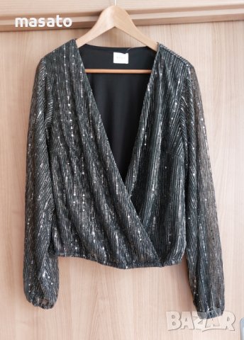 VILA - сребриста блуза с пайети, снимка 1 - Блузи с дълъг ръкав и пуловери - 39895936