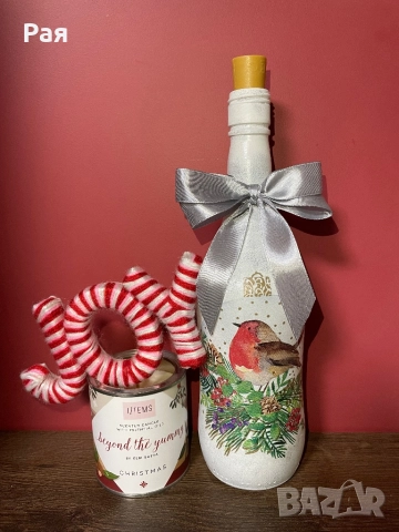 Коледна декупаж бутилка с LED, снимка 4 - Декорация за дома - 52818679