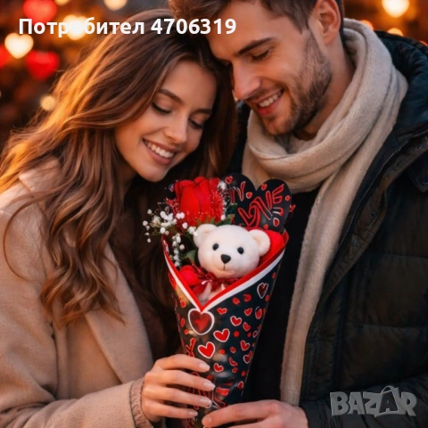 Ромавтичен букет с плюшено мече и роза 