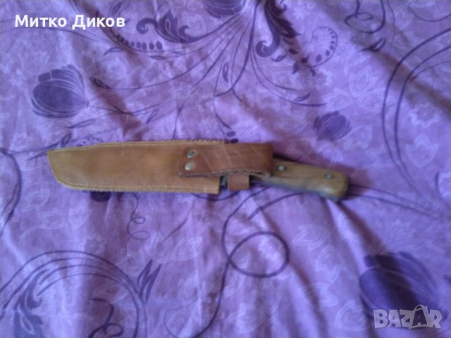Ловен нож голям  с нов калъф естествена кожа 320х190мм дървена дръжка бряст с точило, снимка 12 - Ножове - 38518181