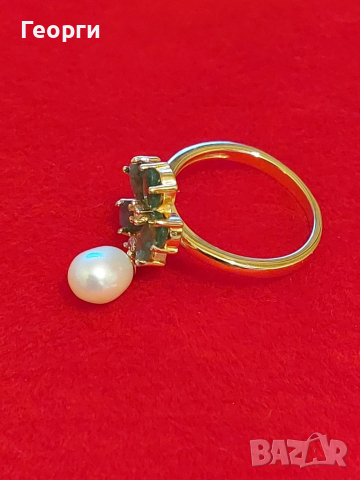 Уникален дамски сребърен пръстен със Смарагди,бял Топаз и бяла перла, снимка 5 - Пръстени - 36439266