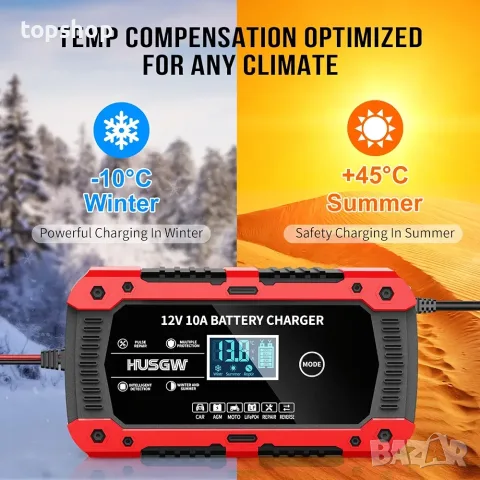 Чисто ново интелигентно зарядно за акумулатор Husgw 12V 10A (с LCD дисплей и пулсов ремонт) , снимка 4 - Аксесоари и консумативи - 55829030