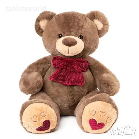 Ново плюшено кафяво Мече с червена панделка и сърчица, 60см