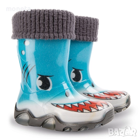 39,90лв (20,40 euro) DEMAR Нови детски Гумени ботуши с Топло чорапче. Размери 20-35. АКУЛА