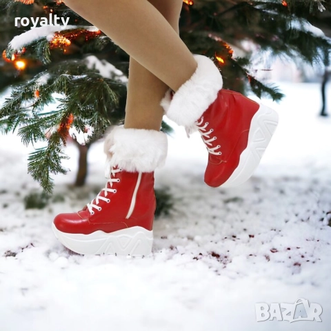 Боти на платформа - червена кожа с бяло ходило, снимка 2 - Дамски боти - 52163347