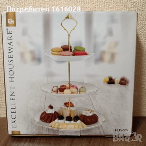 Нов порцеланов поднос - стойка за мъфини,сладки,бонбони и др. на три нива.