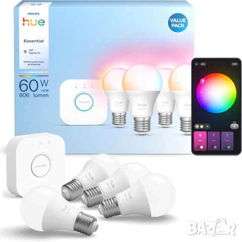 Комплект Philips Hue Essential A19 умни крушки  с Bridge или без