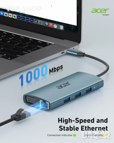 Acer USB C хъб с 4k HDMI, 9-в-1 USB C към Ethernet адаптер, 5Gbps USB-A 3.1 докинг станция, PD 100W, снимка 5 - Кабели и адаптери - 49451994