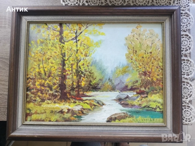Маслена картина - Есенен пейзаж с река, подпис M.V. VALLE, ∼40х30 см с рамка