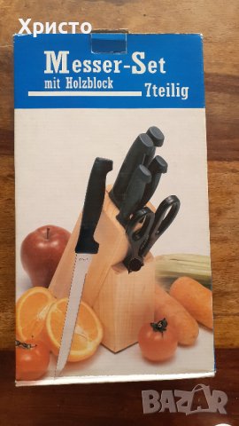 ножове комплект на дървена стойка от Германия, 5 броя +ножица, чисто нови, снимка 1 - Прибори за хранене, готвене и сервиране - 39132685