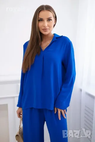 Комплект блуза + панталон с широки крачоли синьо Два цвята , снимка 2 - Комплекти - 50004554
