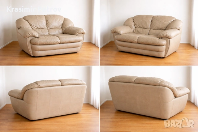 Двуместен кожен диван – бежов, снимка 2 - Дивани и мека мебел - 53934466