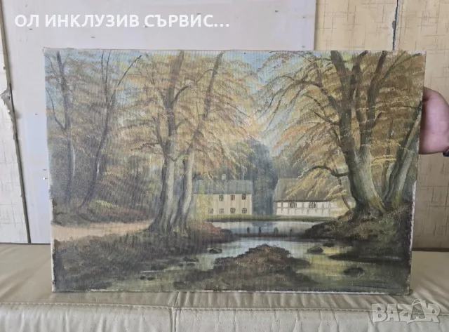 Авторска маслена картина / Пейзаж с къща и река, маслени бои на платно