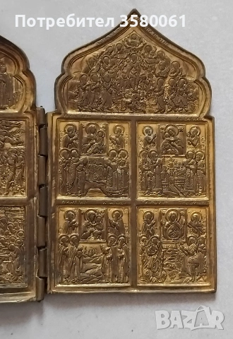 Икона Руска бронзова Квадиптих позлатена рядка форма оригинал 19 век, снимка 5 - Антикварни и старинни предмети - 53196853