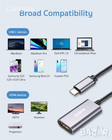 ESR USB C към HDMI адаптер [4K 30 Hz],Thunderbolt 3, снимка 3 - Други - 35340301