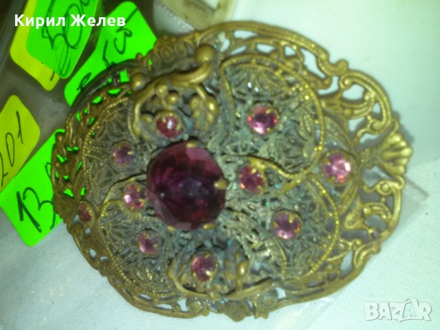 ФИЛИГРАННА 20-те ГОДИНИ БРОШКА с АМЕТИСТ КАМЪНИ БРОНЗОВА 14201, снимка 9 - Антикварни и старинни предмети - 29572492