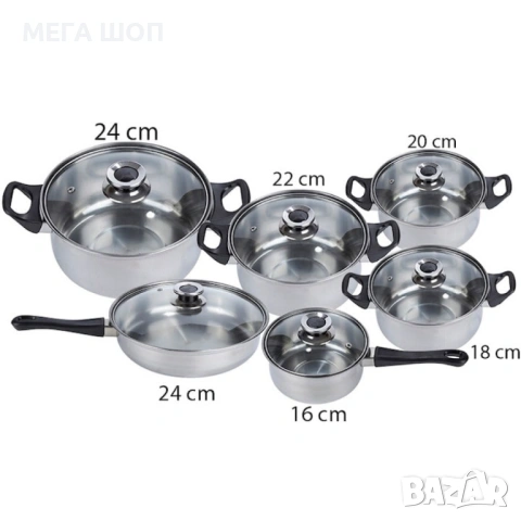 Комплект готварски съдове от инокс 12 части: 5 тенджери, тиган и стъклени капаци (16-24 см), снимка 2 - Съдове за готвене - 53879387