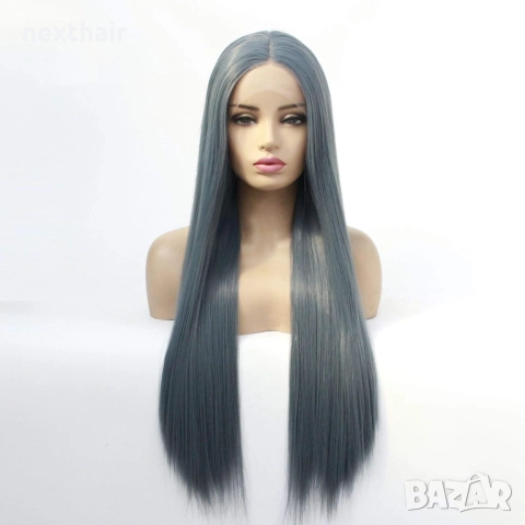 Модерна синьо-сива права перука - 80 см с лейс фронт 13×4, снимка 3 - Аксесоари за коса - 52729781