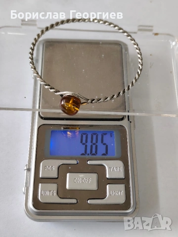 Твърда сребърна гривна с кехлибар , снимка 4 - Гривни - 53945188