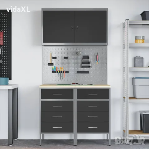 vidaXL Работен кабинет 5 бр. Черно Инженерна дървесина и стомана, снимка 4 - Работни маси и бюра - 56146971