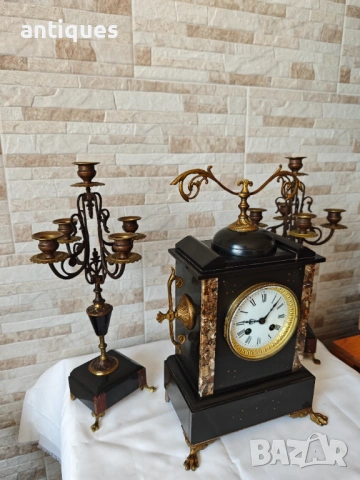 Френски каминен часовник - A.D.M.P. - мраморен + два свещника - 19 век  , снимка 4 - Антикварни и старинни предмети - 54353313