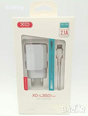 Ново зарядно 2xUSB DC 5V, 2.1A MAX, XO L35D+Кабел Lightning