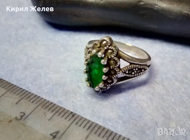 СКЪПОЦЕНЕН СРЕБЪРЕН ПРЪСТЕН СРЕБРО 925 с ФАСЕТИРАН ПЕРИДОТ и МАРКАЗИТИ СТАРА МАЙСТОРСКА РАБОТА 48264, снимка 3 - Пръстени - 49344293