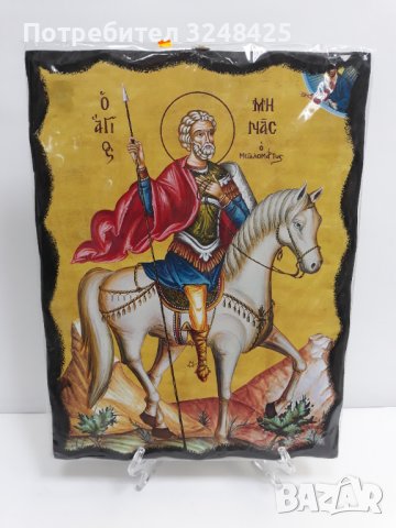 Голяма икона на Свети Мина - Закрилник на Семейството - ръчна изработка, снимка 3 - Икони - 37640239