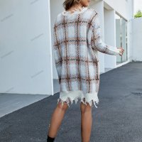 Моден дамски кариран пуловер (рокля) с V-образно деколте, 2цвята - 023, снимка 3 - Блузи с дълъг ръкав и пуловери - 42319066