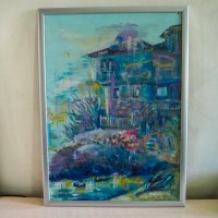 Ръчно изработена картина "Дом в лазурна синева", 53х72 см, снимка 1 - Картини - 38820279