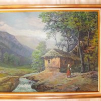 Стара картина ,Виктор Попов селски пейзаж,маслени бои,картонбои, снимка 10 - Картини - 35502034