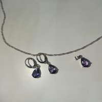 Дамски комплект синджирче, висулка и обеци с лилав кристал, нови, щампа 925, снимка 6 - Бижутерийни комплекти - 36939261