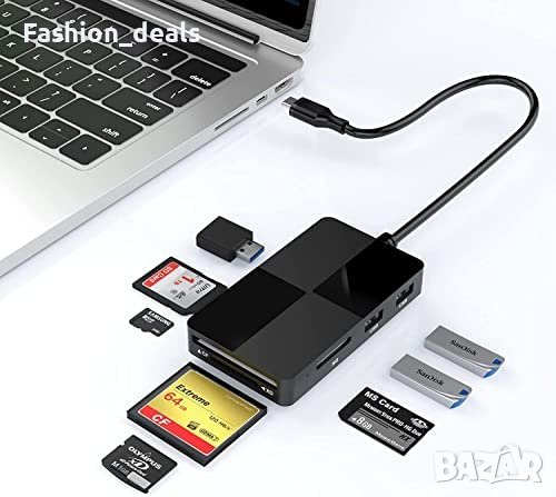 Нов USB C хъб четец на карти адаптер с 3 USB3.0 за компютър лаптоп, снимка 1