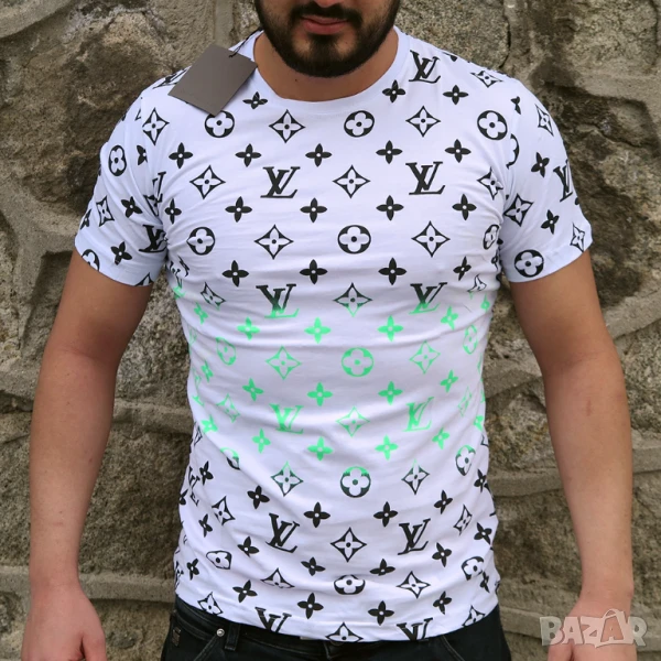 👕 Мъжка тениска Louis Vuitton – Бяло с Черно и Неоново Зелено, снимка 1