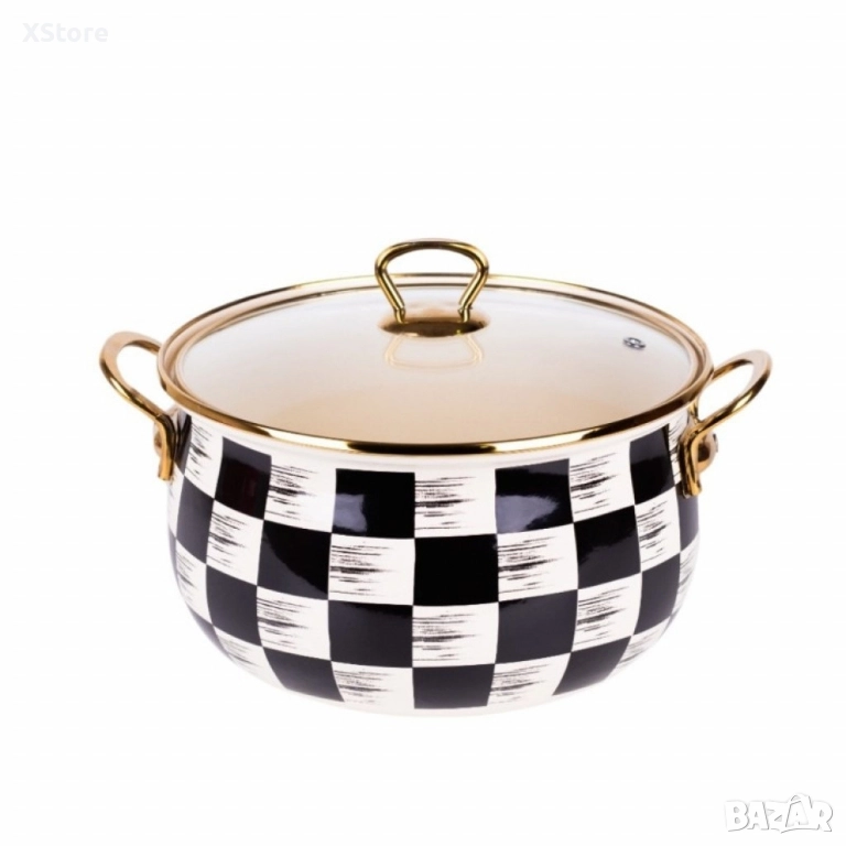 Тенджера Goldmann 24x15см. 6.2л./ 26x16см. 8.5л., 4л., 5л., Емайл. Индукция. Бял/Черен каре, снимка 1