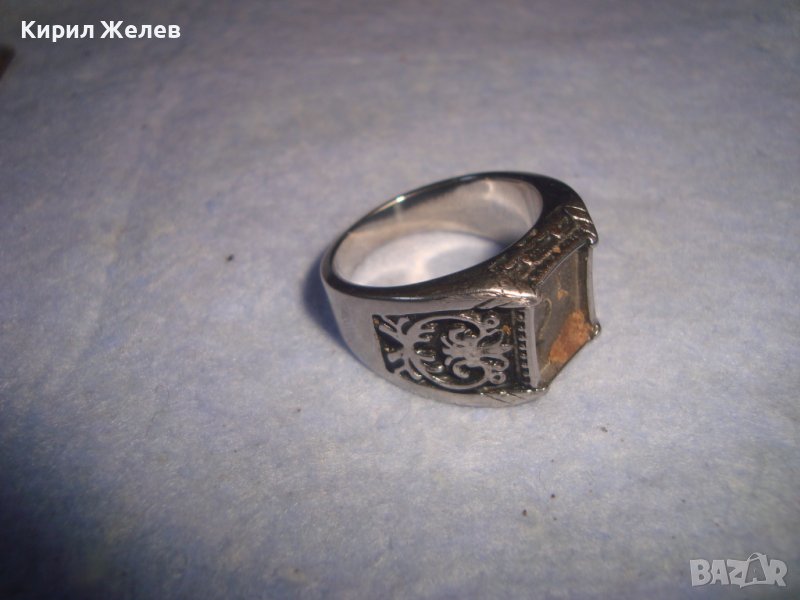 СТАР СРЕБРИСТ ОРНАМЕНТИРАН АРТ ПРЪСТЕН НЕРЪЖДАЕМА СТОМАНА с ГНЕЗДО за ВГРАЖДАНЕ на КАМЪК 8568, снимка 1
